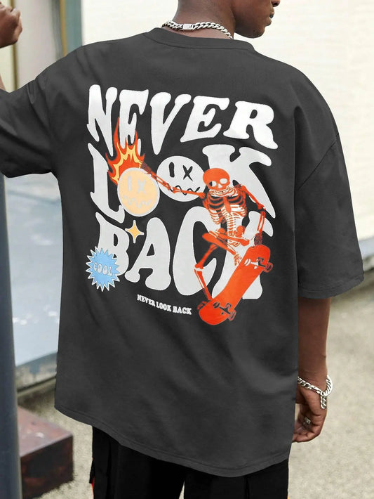 Never Look Back Creative Smile Skull Printing Cartoons Street Print Tshirt Man Loose Tee Clothes Cotton Crewneck Tops T-Shirt  K-lerta Shop   