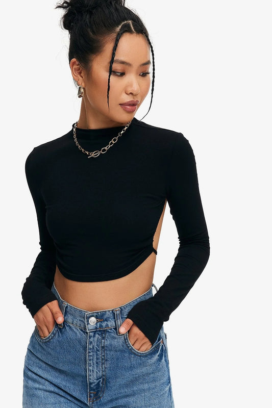 Crop Top Solid Tie Backless Curved Hem  K-lerta Shop Black M 