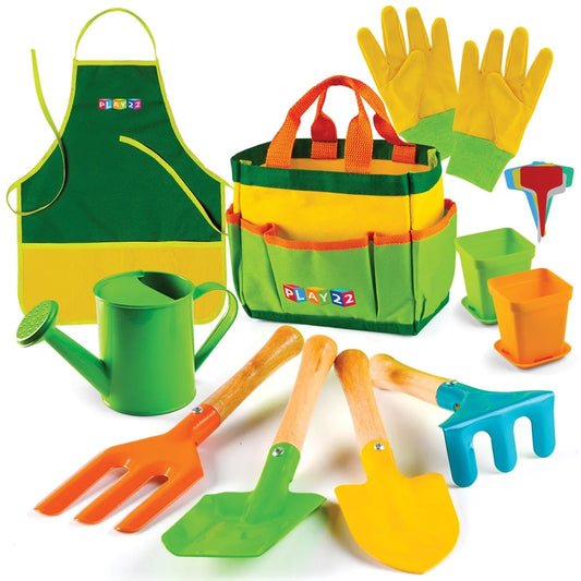 Kids Gardening Tool Set 12 PCS - Includes Shovel, Rake, Fork, Trowel, Apron, Gloves, Watering Can and Tote Bag - Wooden Gardening Tools for Kids - Usa  K-lerta Shop   