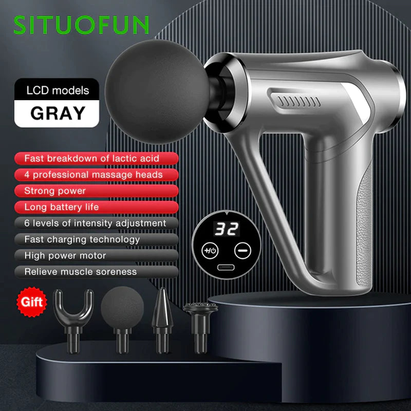 SITUOFUN Massage Gun 32 Levels Deep Tissue Neck Body Back Muscle Sport Electric Pistol Massager Exercise Relaxation Pain Relief  K-lerta Shop Gray Lcd Display A Type-C Charge 