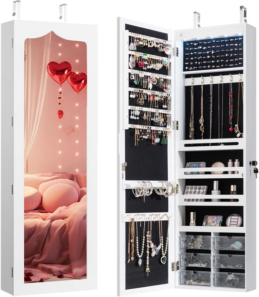 Jewelry Cabinet Armoire, Wall Mount Door Hanging, Lockable Jewelry Organizer with 47.5'' Full Length Mirror, 5 Lights, Large Jewelry Storage Box with 6 Acrylic Drawers (White)  K-lerta Shop   