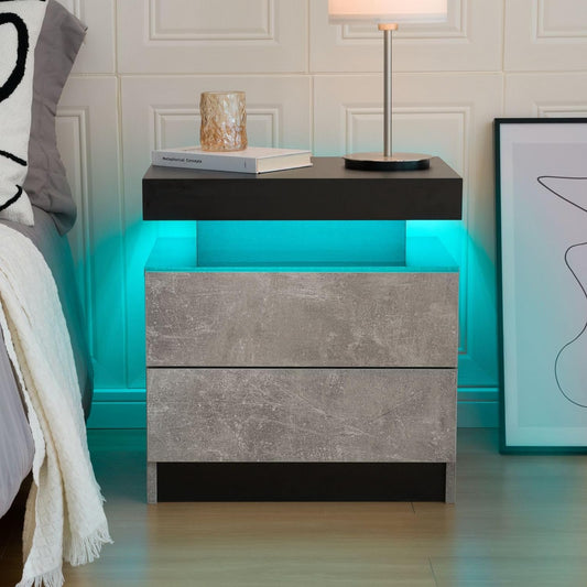 Bedside Table with 2 Drawers, LED Nightstand Wooden Cabinet Unit with LED Lights for Bedroom, End Table Side Table for Bedroom Living Room, Grey  K-lerta Shop   