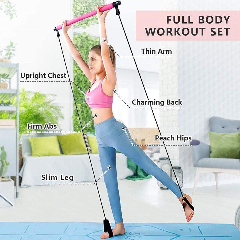 Multifunctional Pilates Bar Combination Fitness Bar Yoga Chest Expansion Tension Rope Back Trainer Elastic Rope Stretching Belt  K-lerta Shop   