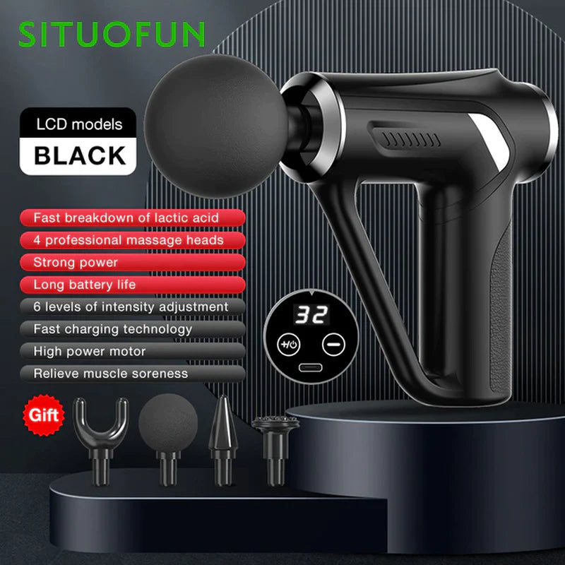 SITUOFUN Massage Gun 32 Levels Deep Tissue Neck Body Back Muscle Sport Electric Pistol Massager Exercise Relaxation Pain Relief  K-lerta Shop Black Lcd Display A Type-C Charge 