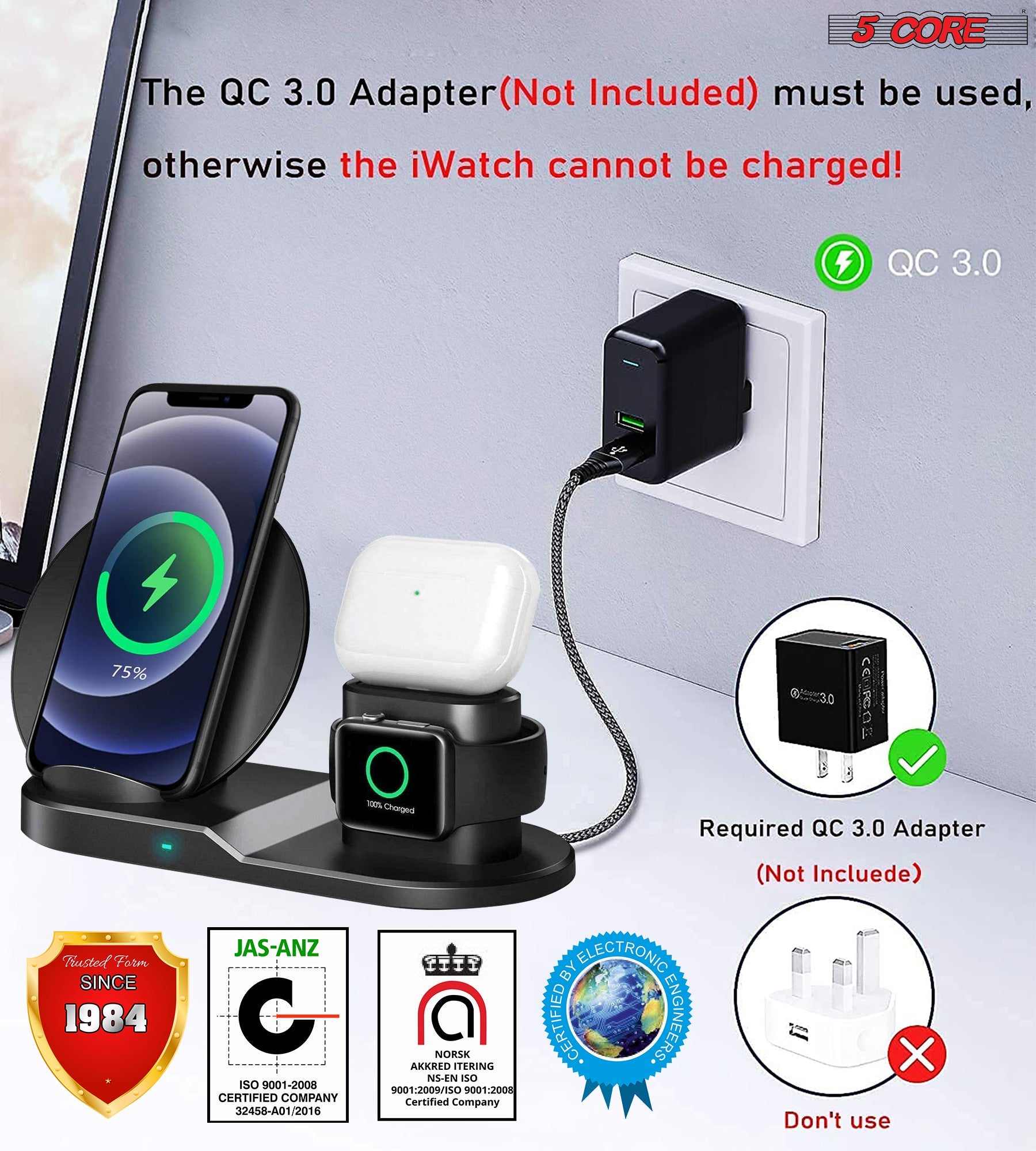 5Core Wireless Charging Station  10W 3 in 1 Fast Phone Watch Earpod Mobile & Laptop Accessories Violet Rose   