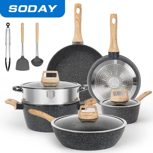 SODAY 12Pcs Pots and Pans Set Non Stick Kitchen Cookware Sets Induction Cookware Nonstick Granite Cooking Set with Frying Pans, Saucepans, Steamer Silicone Shovel Spoon & Tongs (Black)Nonstick Pots Aluminium  K-lerta Shop   