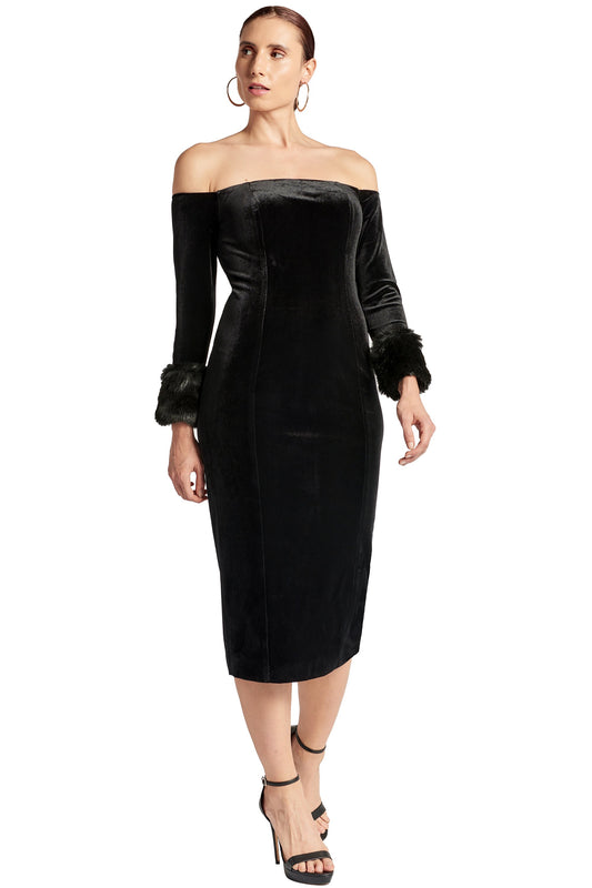 Joia Dress - Velvet off the shoulder long sleeve dress with faux fur Dresses Peach Dionysus   