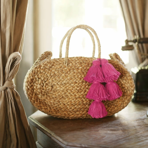 Oval Luna Straw Tote Bag - with Fuschia Pink Tassels Totes & Beach Bags Cocoa Brunn Oval Fuschia Pink Mendong Straws