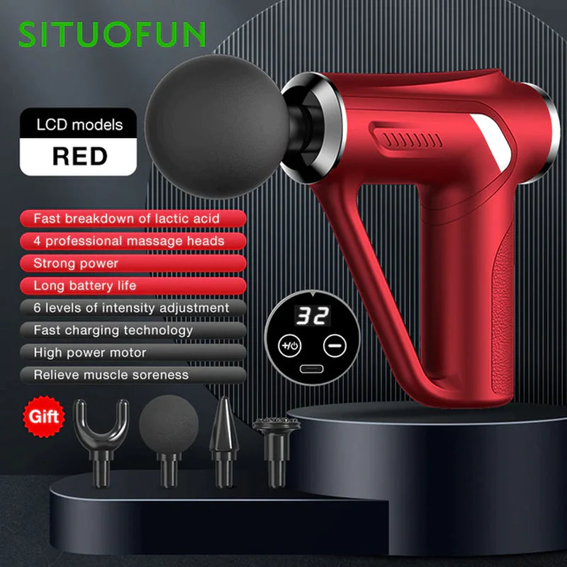 SITUOFUN Massage Gun 32 Levels Deep Tissue Neck Body Back Muscle Sport Electric Pistol Massager Exercise Relaxation Pain Relief  K-lerta Shop Red Lcd Display A Type-C Charge 